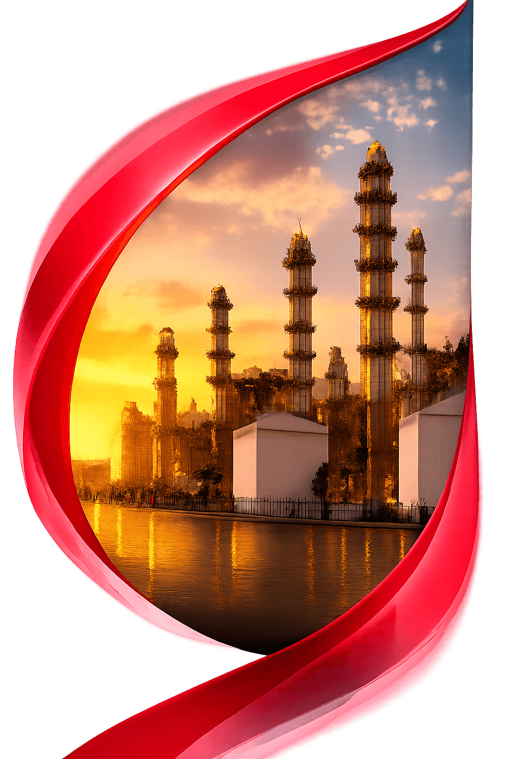 Arabo Impex refinery at golden hour, framed by a signature red ribbon